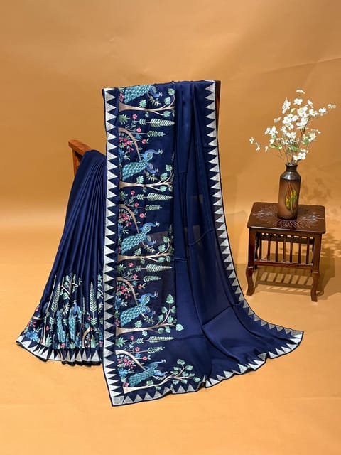 Midnight Blue Satin Saree with Peacock & Temple Embroidery