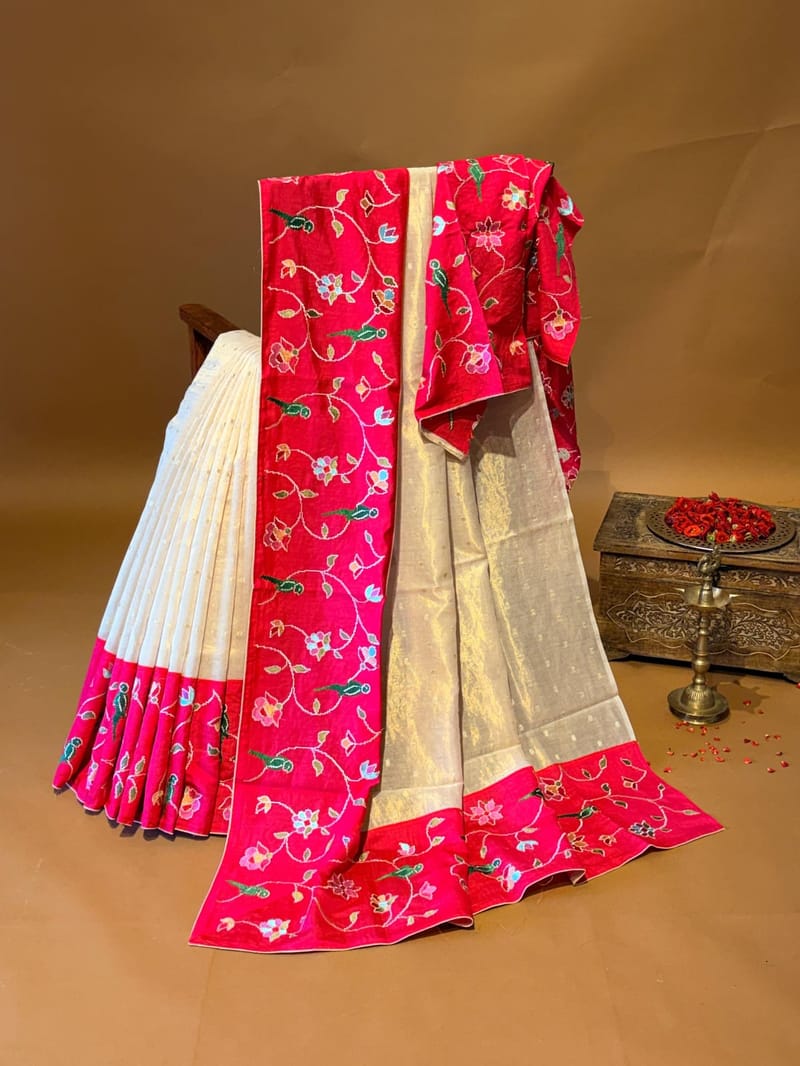 Beige Banarasi Cotton Tissue Saree with Reddishpink Patola Embroidered Border