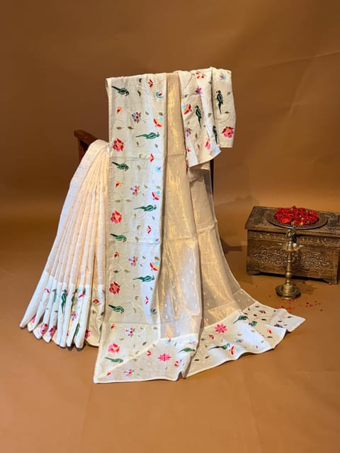 Beige Banarasi Cotton Tissue Patola Embroidered Saree
