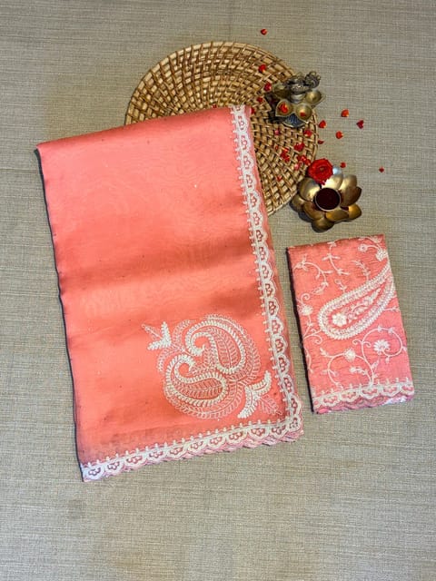 Peach Pure Organza Saree with Mukaish Work and Dori Work