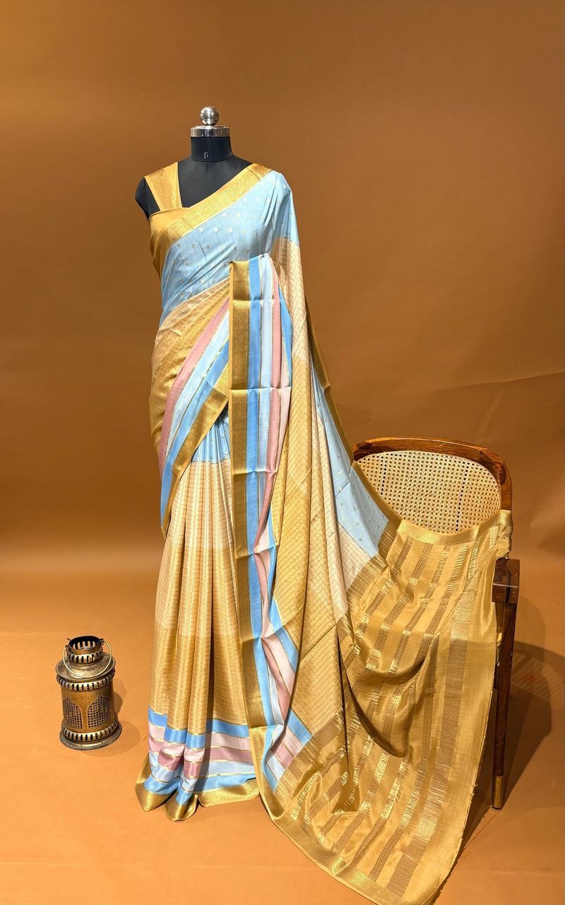 Powder Blue & Pastel Yellow Combo Ombre Dyed Mysore Silk Saree with 100gsm