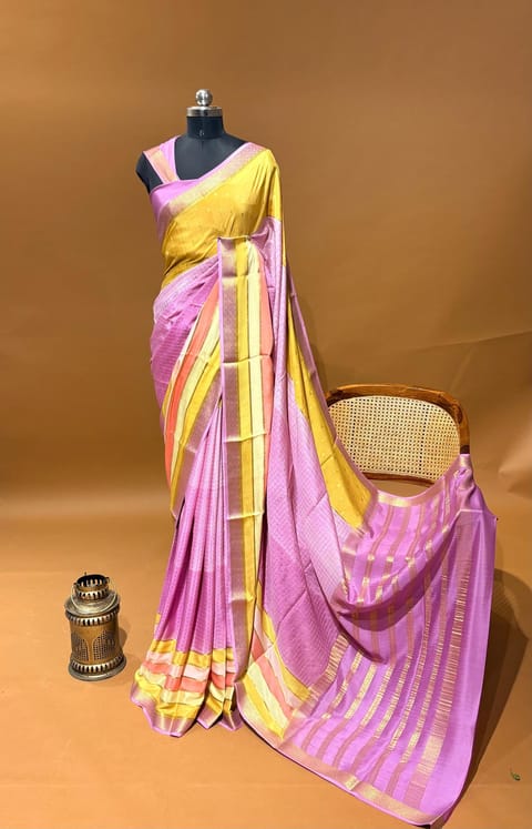 Lilac Pink & Yellow Combo Ombre Dyed Mysore Silk Saree with 100gsm