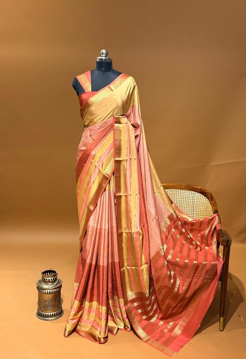 Peachish Orange and Mustard Combo Ombre Dyed Mysore Crepe Saree with 100gsm