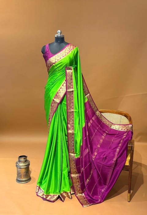 Parrot Green & Purple Combo Mysore Crepe Saree with 100gsm