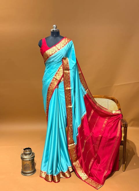 Aqua Blue & Red Combo Mysore Crepe Saree with 100gsm