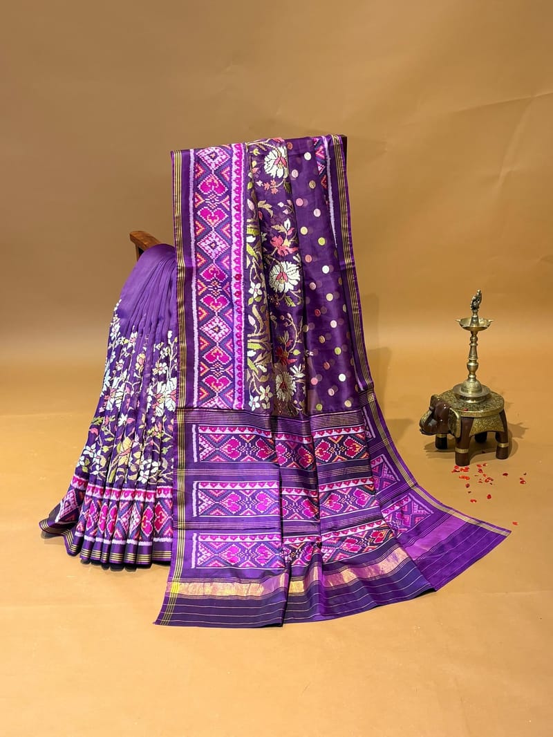 Purple organza and patan patola fusion with jamdani inspired embroidery