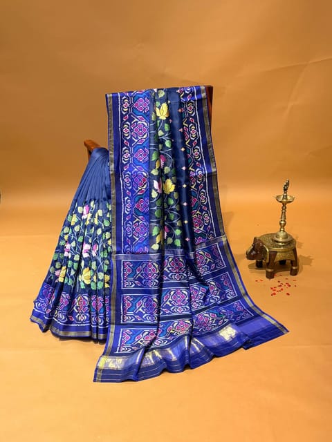 Blue Pure Organza and Patan Patola Fusion with Jamdani Inspired Embroidery