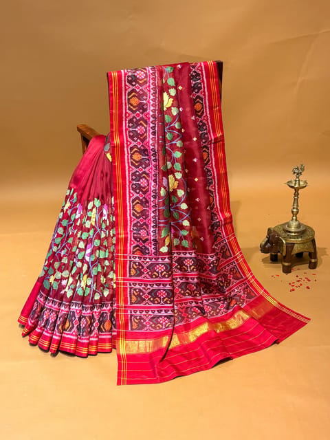 Maroon Pure Organza and Patan Patola Fusion with Jamdani Inspired Embroidery