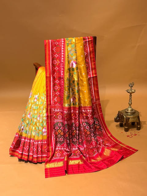 Yellow Pure Organza and Patan Patola Fusion with Jamdani Inspired Embroidery
