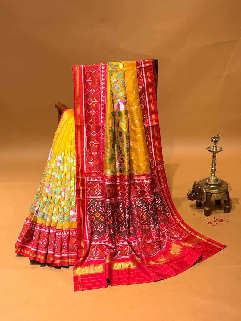 Yellow Pure Organza and Patan Patola Fusion with Jamdani Inspired Embroidery