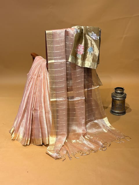 Peach Pink Pure Handloom Banarasi Tissue Checks Saree with Jamdani Inspire Embroidered Tissue Blouse