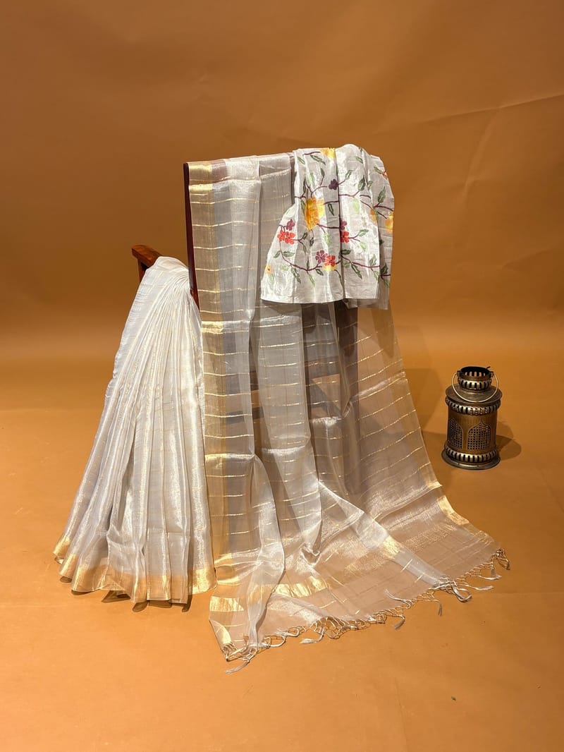 Silver Pure Handloom Banarasi Tissue Checks Saree with Jamdani Inspire Embroidered Tissue Blouse