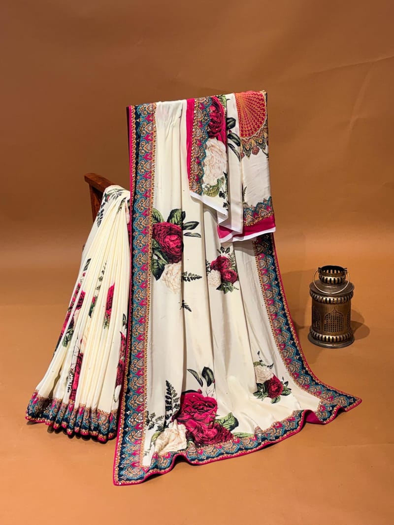 Ivory Printed Crepe Silk Saree with Sequnce & Mirror Highlighting