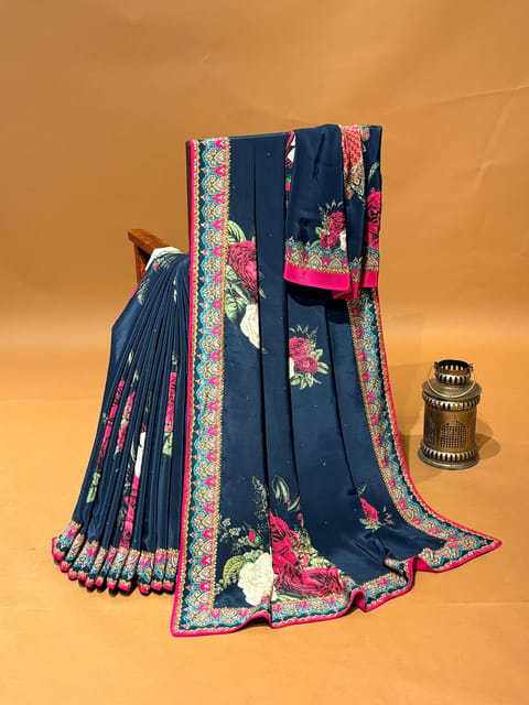 Black Printed Crepe Silk Saree with Sequnce & Mirror Highlighting