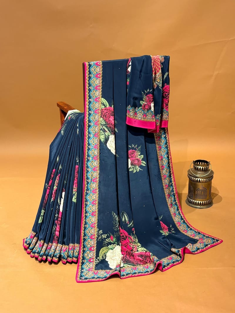 Black Printed Crepe Silk Saree with Sequnce & Mirror Highlighting