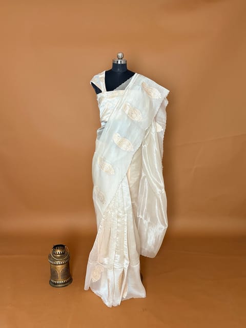 Ivory Pure Handloom Banarasi Tissue Saree with Pure Organza Applique Work Border