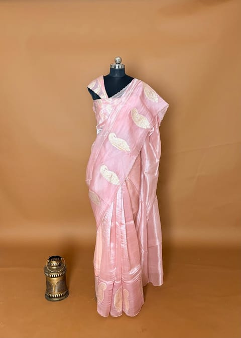 Blush Pink Pure Handloom Banarasi Tissue Saree with Pure Organza Applique Work Border