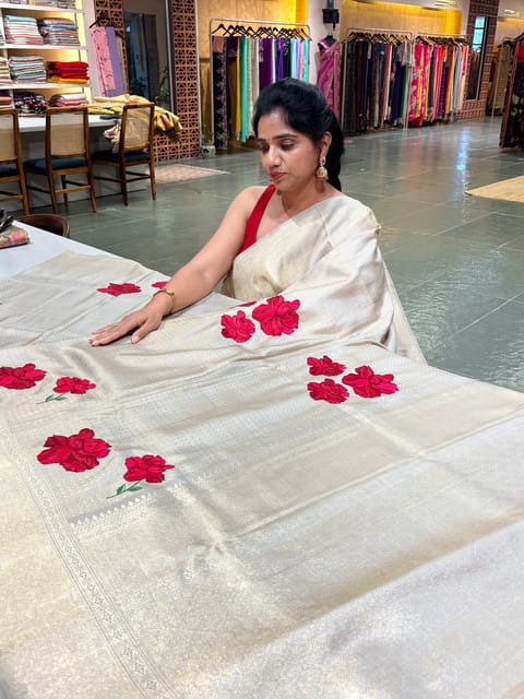 Earthy Tone Kanjeevaram Brocade Saree with Hibiscus Flower Embroidery