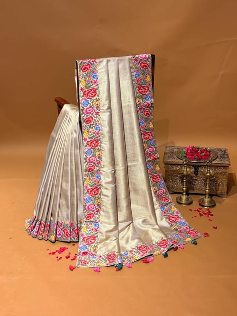 Earthy Tone Twill Kanjeevaram Saree with Petite Point Embroidered Border