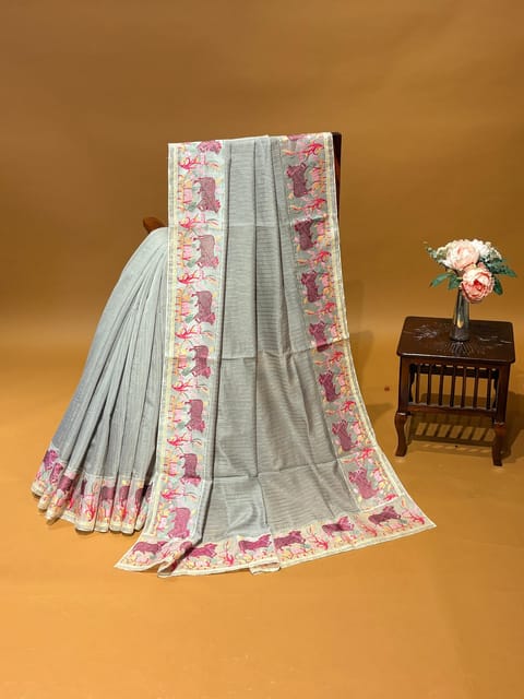 Grey Mul Chanderi Self Thread Stripes Saree with Beautiful Organza Pichwai Embroidered Border