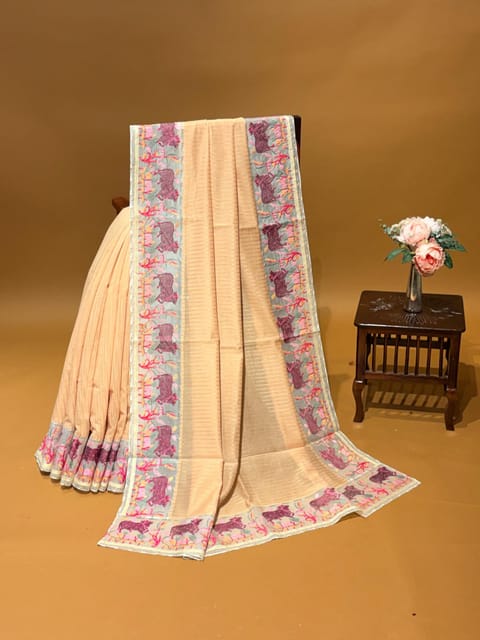 Peach Mul Chanderi Self Thread Stripes Saree with Beautiful Organza Pichwai Embroidered Border