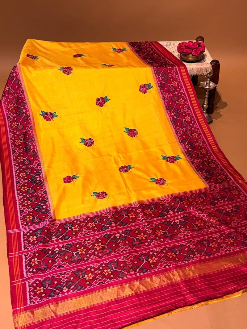 Mango Yellow Single Ikkath Patan Patola Saree with Patola Applique Handworked Hibuscus Flowers