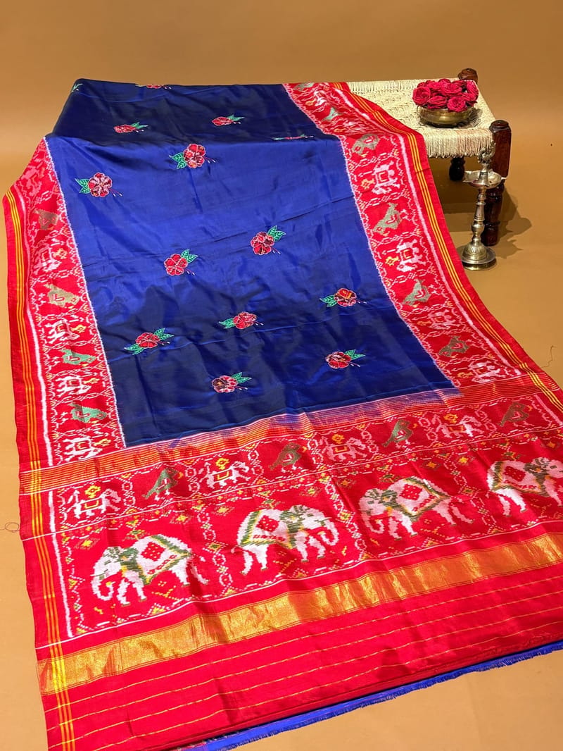 Royal Blue Single Ikkath Patan Patola Saree with Patola Applique Handworked Hibuscus Flowers