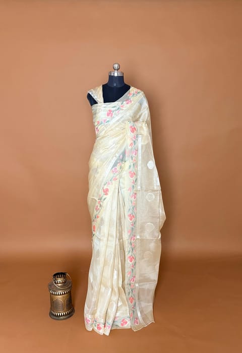 Pastel Yellow Banarasi Tissue Saree with Jamdani-Inspired Embroidered Kora Border