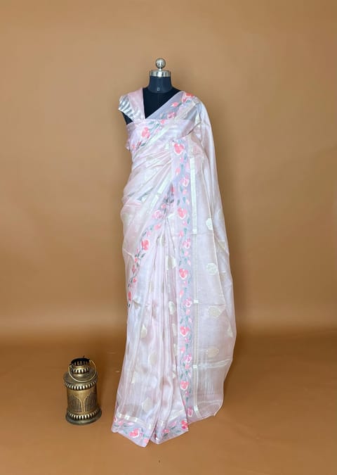 Baby Pink Banarasi Tissue Saree with Jamdani-Inspired Embroidered Kora Border