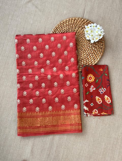 Terracotta Colour Pure Handloom Banarasi Chiniya-Kora Silk Blend Saree with Allover Embroidery & Fusion Patola Blouse