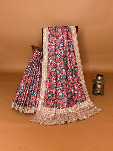 Terracotta Colour Pure Tussar Silk & Kalamkari Fusion Saree with Statement Borders