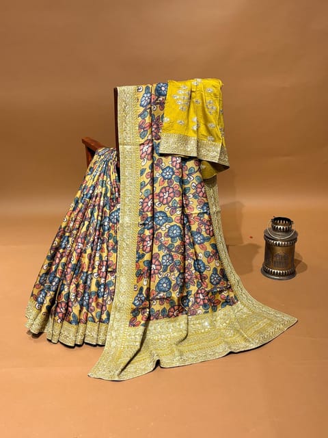 Mustard Yellow Pure Tussar Silk & Kalamkari Fusion Saree with Statement Borders