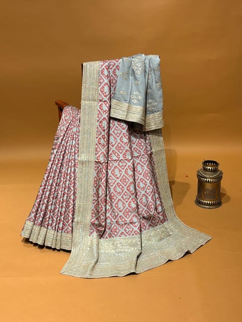 Lightest Grey Pure Tussar Silk & Patola Fusion Saree with Statement Borders
