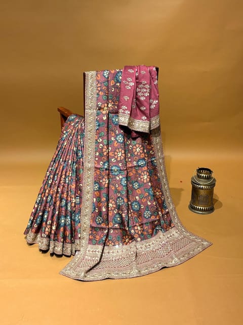 Dark Onion Pink Pure Tussar Silk & Kalamkari Fusion Saree with Statement Borders