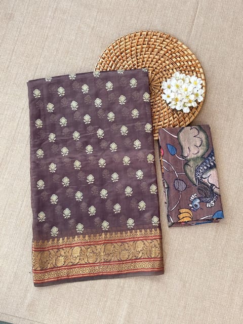 Light Mauvish Brown Pure Handloom Banarasi Chiniya-Kora Silk Blend Saree with Allover Embroidery & Fusion Kalamkari Blouse