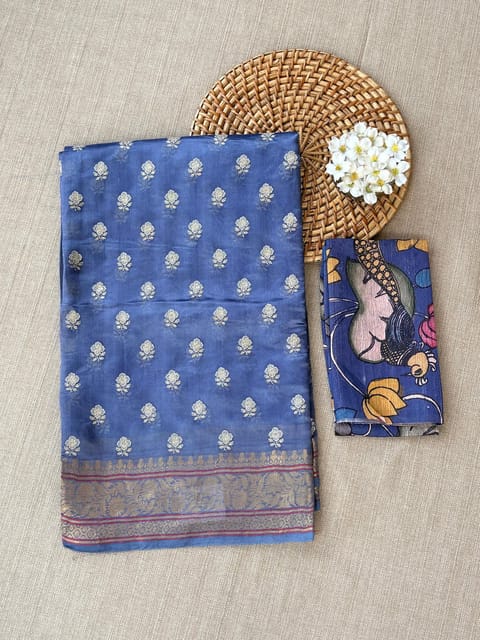 Cornflower Blue Pure Handloom Banarasi Chiniya-Kora Silk Blend Saree with Allover Embroidery & Fusion Kalamkari Blouse