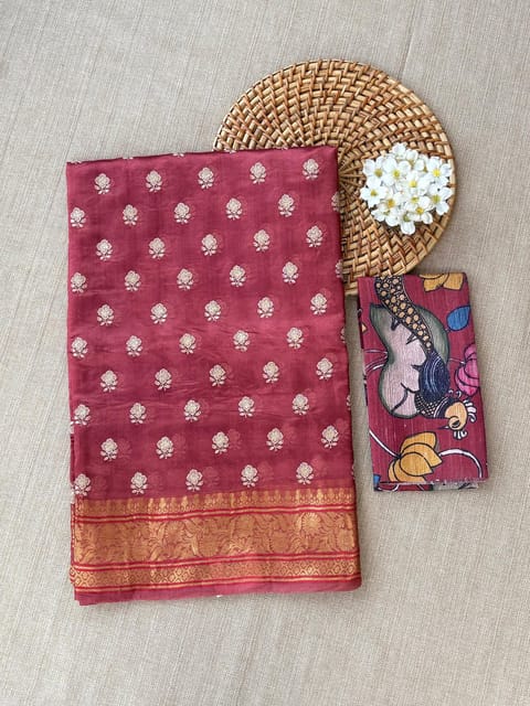 Terracotta Colour Pure Handloom Banarasi Chiniya-Kora Silk Blend Saree with Allover Embroidery & Fusion Kalamkari Blouse
