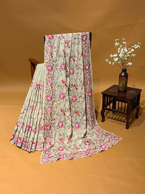 Shimmery Dusty Gold Chinnon Saree with Allover Parsi Gara Jaal Embroidery and Parsi Gara Border in Multi Colour