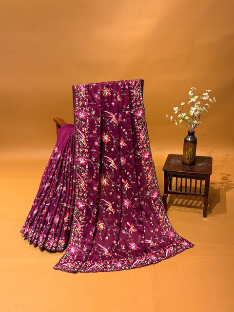 Wine Chinnon Satin Saree with Allover Parsi Gara Jaal Embroidery and Parsi Gara Border in Multi Colour