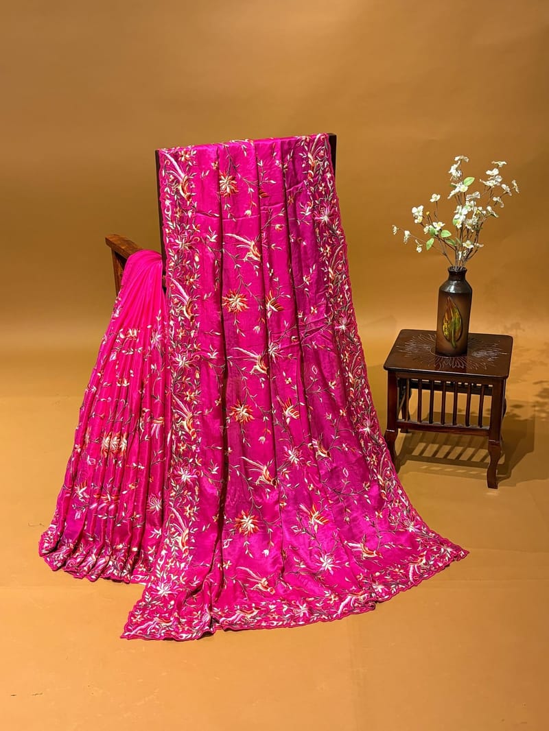 Fuchsia Pink Chinnon Saree with Allover Parsi Gara Jaal Embroidery and Parsi Gara Border in Multi Colour