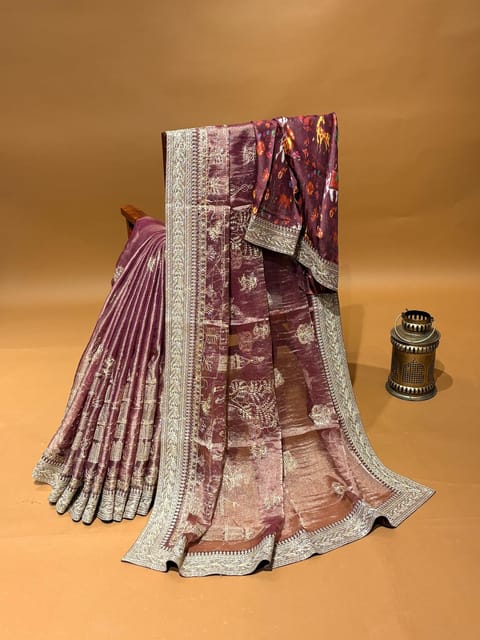 Wine Designer Banarais Tissue Saree with Heavy Embroidery Paired with Fusion Blouse