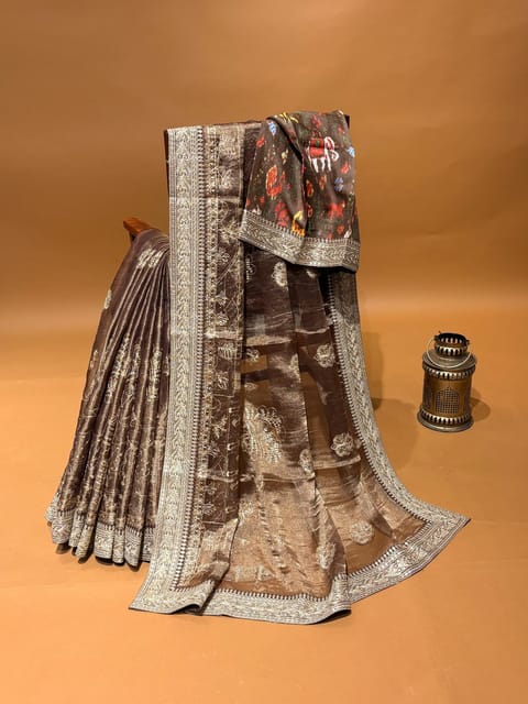 Antique Brown Designer Banarais Tissue Saree with Heavy Embroidery Paired with Fusion Blouse