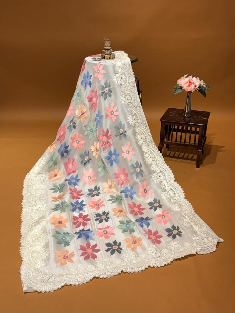 Ivory Pure Organza Saree with Multicolour Jamdani-Inspired Floral Embroidery & Chantilly Lace Style Embroidered Cutwork Border