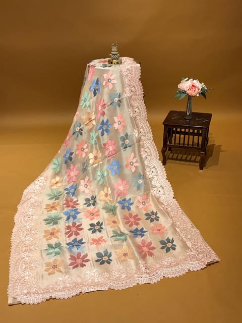 Peach Pink Pure Organza Saree with Multicolour Jamdani-Inspired Floral Embroidery & Chantilly Lace Style Embroidered Cutwork Border