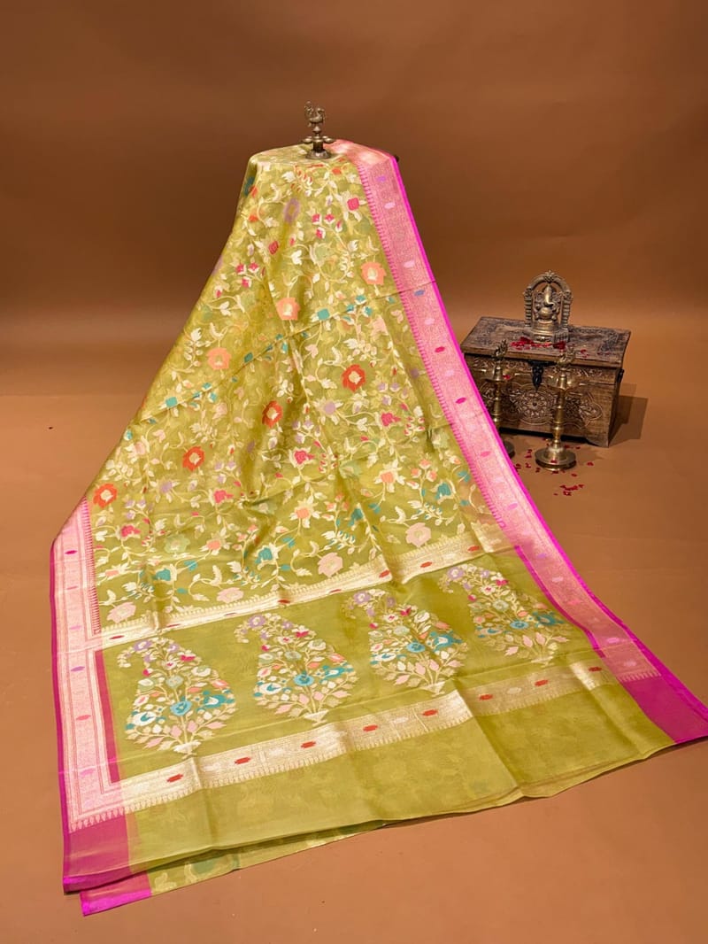 Lime Green & Pink Banarasi Kora Cutwork Jamdani Saree