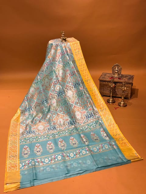 Pastel Blue and Pastel Yellow Combo Banarasi Kora Tissue Cutwork Jamdani Saree