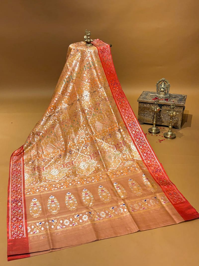 Peach and Red Combo Banarasi Kora Tissue Cutwork Jamdani Saree