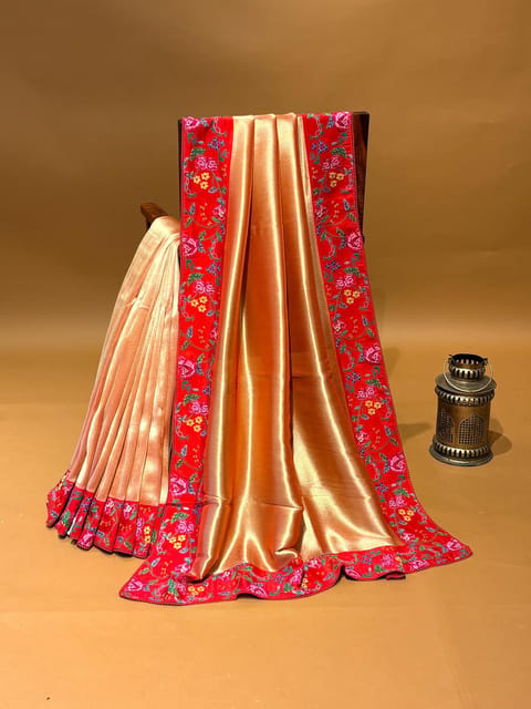 Chilli Red with Gold Undertone Banarasi Tissue Saree with Petite Point Embroidery