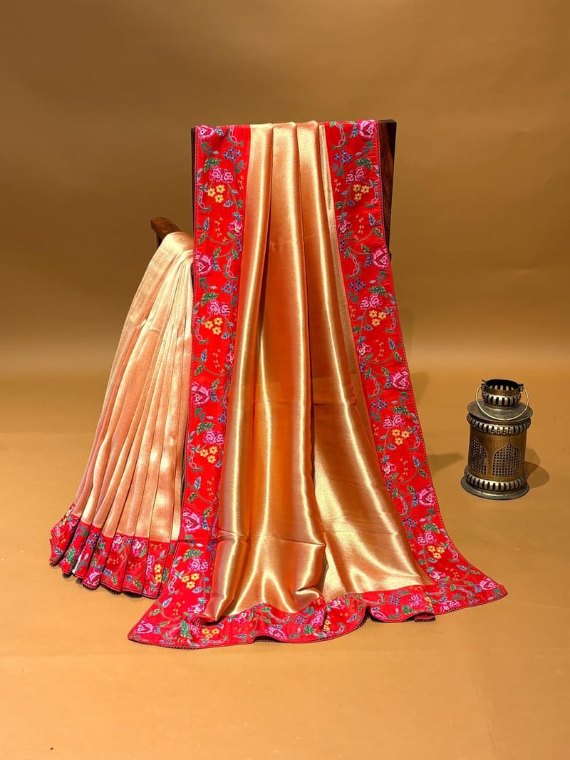 Chilli Red with Gold Undertone Banarasi Tissue Saree with Petite Point Embroidery