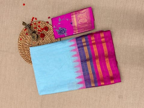 Sky Blue Ponduru Khadi Saree with Multi Colour Kanchi Style Silk and Zari Weaving Borders